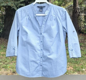 Top para mujer Dockers mangas 3/4 gris azul a rayas con botones cuello en V talla M - Imagen 1 de 6