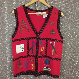 Vintage Capacity School Teacher Learning Cardigan Sweater Vest Size Medium - Picture 1 of 9