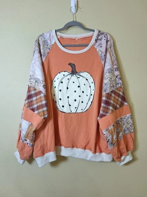 Sweatshirt Pumpkin Patchwork Women’s 3X Harvest Thanksgiving Fall Autumn Boho - Image 1 of 4