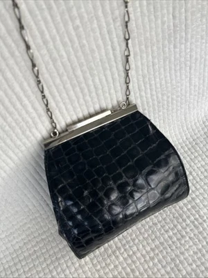 Vtg FENWICK Made in Italy Leather Crocodile Embossed Black Clutch Shoulder Bag - Image 1 of 4