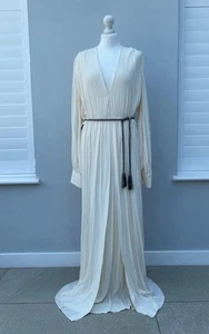 ZARA LONG Cream Belted Silk-blend Plunge Dress L Large (RRP £169) - Picture 1 of 8