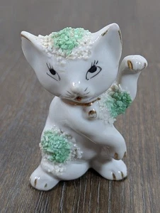 Vintage MCM Keramik Popcorn Kätzchen Katze Figur weiß grün Made in Japan - Bild 1 von 9