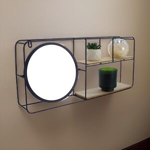 Mirror With Shelf Wall Mounted Black Metal Frame Bathroom Display New