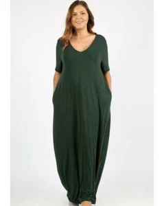 Maxi Camiseta Vestido Keeping It Comfy Mangas Cortas Cuello en V en Verde Cazador - Imagen 1 de 3