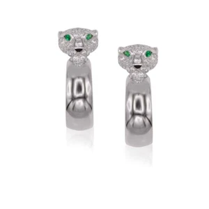 Authentic Cartier Panthere 18k White Gold Emerald and Diamond Hoop Earrings - Picture 1 of 4