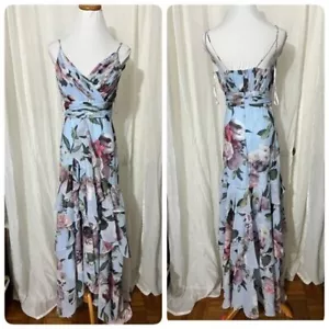 Vestido Formal Xscape Floral Maxi Volantes Alto Bajo Dama de Honor Talla 2P en Azul Claro - Imagen 1 de 10