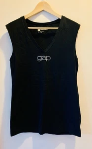 Vtg Y2K GAP Logo Large Black Sleeveless T-Shirt Silver Sequin Spell Out V-Neck - Picture 1 of 9