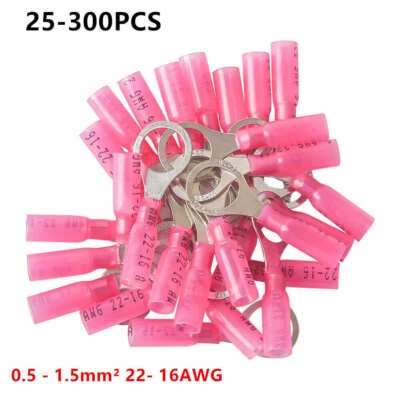25-300Pcs Red Heat Shrink Ring Terminals 22-16 AWG Wire Crimp Connectors M5-M10 - Image 1 of 4