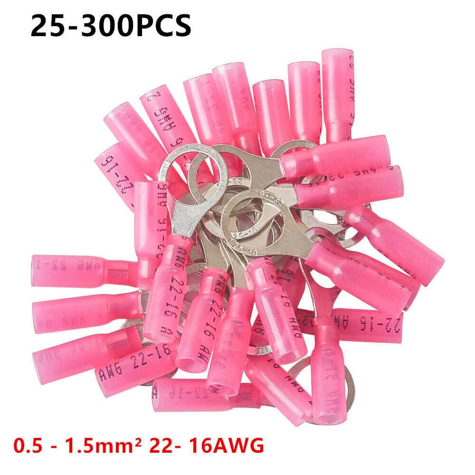 25-300Pcs Red Heat Shrink Ring Terminals 22-16 AWG Wire Crimp Connectors M5-M10 - Image 1 of 4