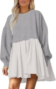 Dokuritu Sweatshirt Dress Women Crew Neck Long Sleeve Patchwork Pullover Tops M - Picture 1 of 10