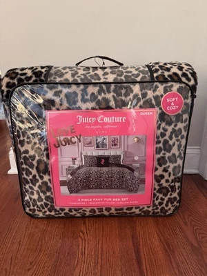 NEW Juicy Couture Plush Faux Fur Leopard Print 4pc QUEEN Comforter Set Soft Cozy - Image 1 of 4