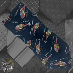 Elegant Navy Blue Red Yellow Helicopters Patterned Pointed Necktie Novelty Tie - Picture 1 of 6