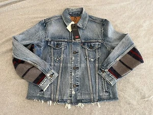 Levis Premium Distressed Trucker Denim Jacket Wool Aztec Blanket Size Medium NWT - Picture 1 of 8