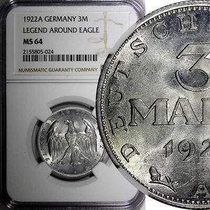 Germany,Weimar Republic 1922 A 3 Mark NGC MS64 LEGEND AROUND EAGLE KM# 29 (024) - Picture 1 of 5