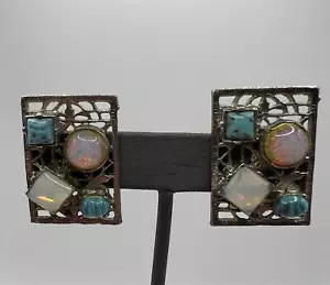 Vintage Clip On Rectangular Earrings Pink Blue White Stones Silver Tone - Picture 1 of 9