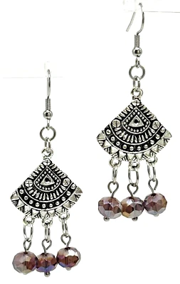 Purple Burgundy Aurora Borealis Glass Beaded Fan Chandelier Dangle Earrings fans - Image 1 of 4