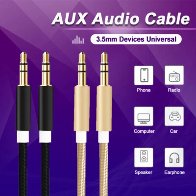 AUX Cord 3.5mm Male to Male Jack Audio Cable For Car Phone Braided Gold Plated - Image 1 of 4