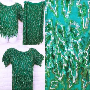 Vintage 80s Scala 2-pc Set Gatsby Silk Sequin Beaded Leafy Blouse Skirt -M Teal - Picture 1 of 11