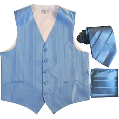 New Men's vertical stripes Tuxedo Vest Waistcoat_tie & hankie light blue formal  - Image 1 of 4