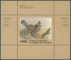 1993 CANADA-ONTARIO. FEDERATION OF ANGLERS & HUNTERS, RUFFED GROUSE, VD.#OW1 - Picture 1 of 3