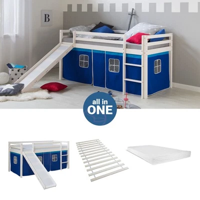 Lit superposé 90x200 Toboggan d'enfant mezzanine Matelas Rideau Bleu Homestyle4u - Photo 1/4