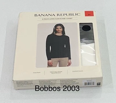 Paquete de 2 camisetas acanaladas de manga larga Banana Republic para mujer, negras/blancas, talla M Foto 1 de 4