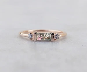 Natural Moss Agate Baguette Bar Delicate 925 Silver Gold Plated Stackable Ring - Picture 1 of 7