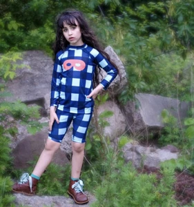 Unisex-Beau Loves-sz 8/9-Designer-Shorts & Top Set-Logo Mask-Blue Checkered- - Picture 1 of 7