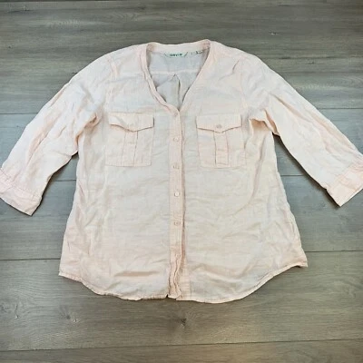 Camisa Blusa Mujer Orvis Lino Botón Frontal Grande Rosa Manga 3/4 Bolsillos Túnica Foto 1 de 4