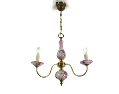 Romantic Chandelier 3 arm Brass Pink Porcelain Flowers Mid Century Modern Italy - Image 1 of 4