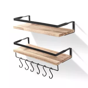Floating Shelves Solid Wood Wall-mounted Storage Rustic Shelf w/Towel Hook 2Pcs - Picture 1 of 14