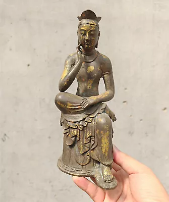 9“ Antique India Old Bronze Contemplation Buddha blessed Buddha Statue  - Image 1 of 4