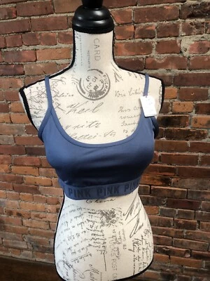 Victoria’s Secret PINK Sports Bra Indigo Adjustable Blue Scoop Logo Print Large - Image 1 of 4