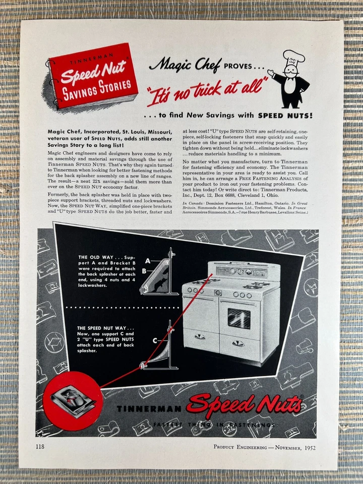 Tinnerman Speed Nuts Fastenings Magic Chef Range Cleveland 1952 Vintage Print Ad - Image 1 of 1
