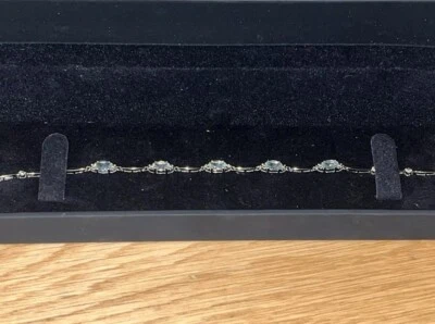 Zales Oval Aquamarine and Diamond Accent Station Bracelet Sterling Silver 7.25” - Image 1 of 4