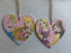 Disney Princesses Pink Handmade Large Decoupaged Wooden Hanging Hearts Set Of 2 - Picture 1 of 5