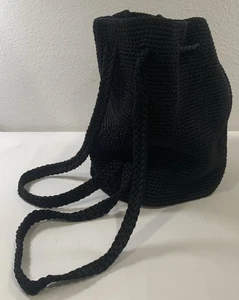 THE SAK Black Crochet Bucket Bag Backpack Drawstring Tote Purse Boho Hippie - Picture 1 of 12