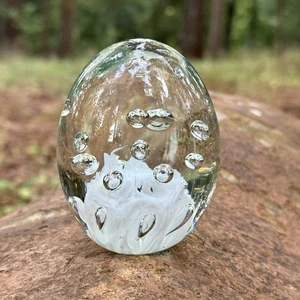 Vintage Artist Art Glass Paperweight Egg White Clear 3" 1 Lb Controlled Bubbles - Picture 1 of 5