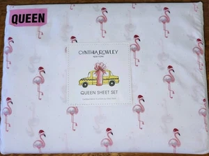 Cynthia Rowley Queen Sheet Set Flamingos W/Hats 4 Pc Set Christmas Holiday NEW - Picture 1 of 11