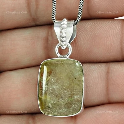 Cuscino Rutilato Quarzo Gemma Elegante Nuovo Boho Ciondolo Massiccio Argento - Immagine 1 di 4