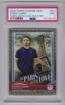 2024 Topps Chrome USOP Steph Curry To Paris with Love Gold Refractor 05/50 PSA 9 - Image 1 of 2