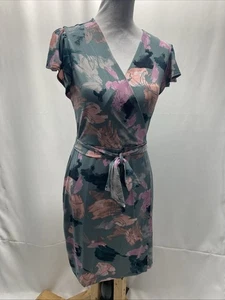 Nine West Women’s Small Gray Pink Floral Flutter Sleeve VNeck Wrap Dress - Picture 1 of 13