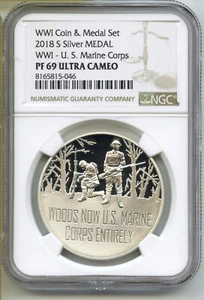 2018-S World War 1 US Marine Corps Silver Medal NGC PF 69 Ultra Cameo - J338 - Picture 1 of 2