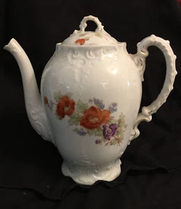 Vtg VICTORIA CARLSBAD AUSTRIA White COFFEE POT /LID orange purple floral 9" - Picture 1 of 8