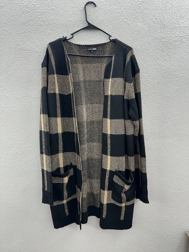 Cárdigan Nova de moda para mujer talla grande How You Plaid Me manga larga frente abierto Foto 1 de 4
