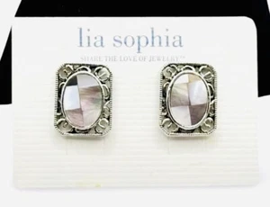 Lia Sophia “S’More” Mother of Pearl Silver Tone Checker Board Stud Earrings - Picture 1 of 4
