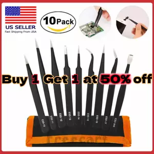 10 Pcs Precision ESD Anti-Static Repair Stainless Steel Tweezers Set Kit Tools - Picture 1 of 12