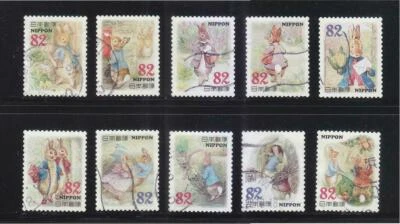 JAPÓN 2015 EL MUNDO DE PETER CONEJO SALUDO 82 YENES COMP. JUEGO DE 10 SELLOS USADOS Foto 1 de 4
