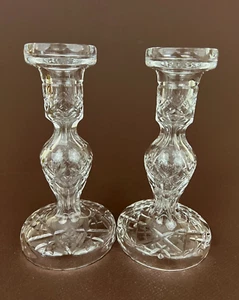 2 Waterford Sign Amarant Pattern Fan Criss Cross Cut Crystal Candlestick Holders - Picture 1 of 12