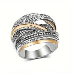 Intertwine Silvery Golden Vintage Band Ring - Picture 1 of 4